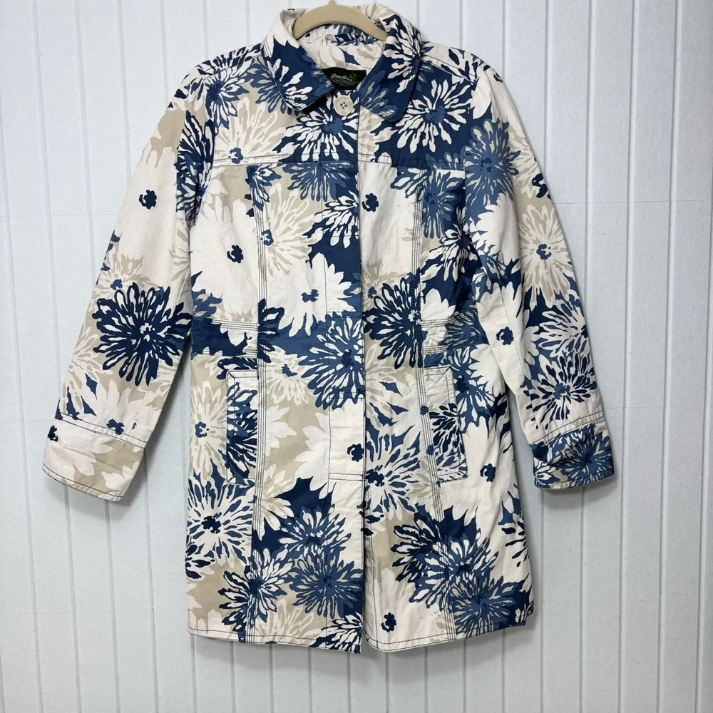 Eddie Bauer Rain Coat Floral Spring Jacket Retro Style Flowers Blue White Size S